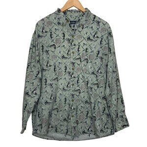 Field & Stream Button Up Shirt Long Sleeve Trout Fish Fly Rod Green Men's Size L